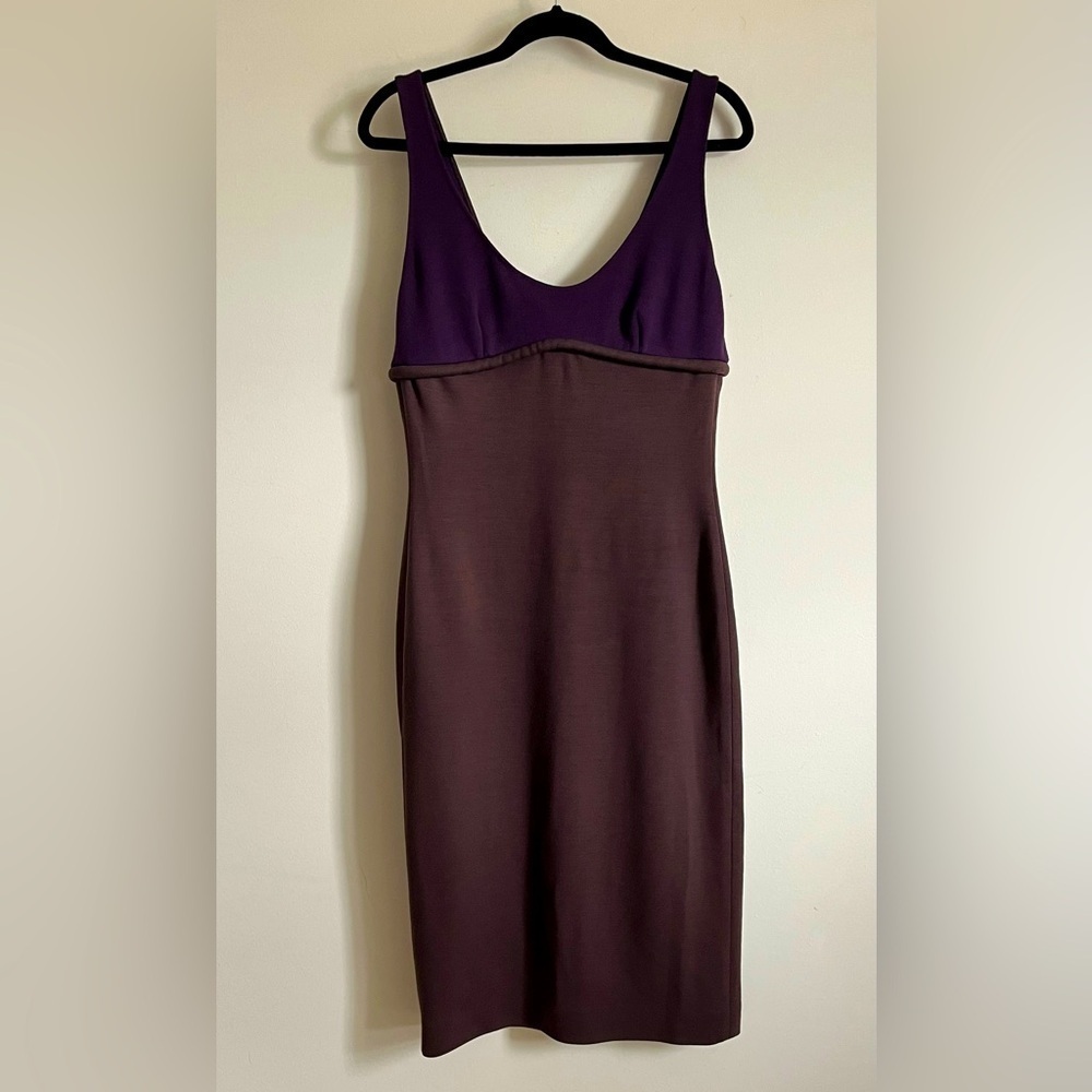 Douglas Hannant Stunning Wool like Scoop Neck Bodycon Pencil Dress Brown Plum 10